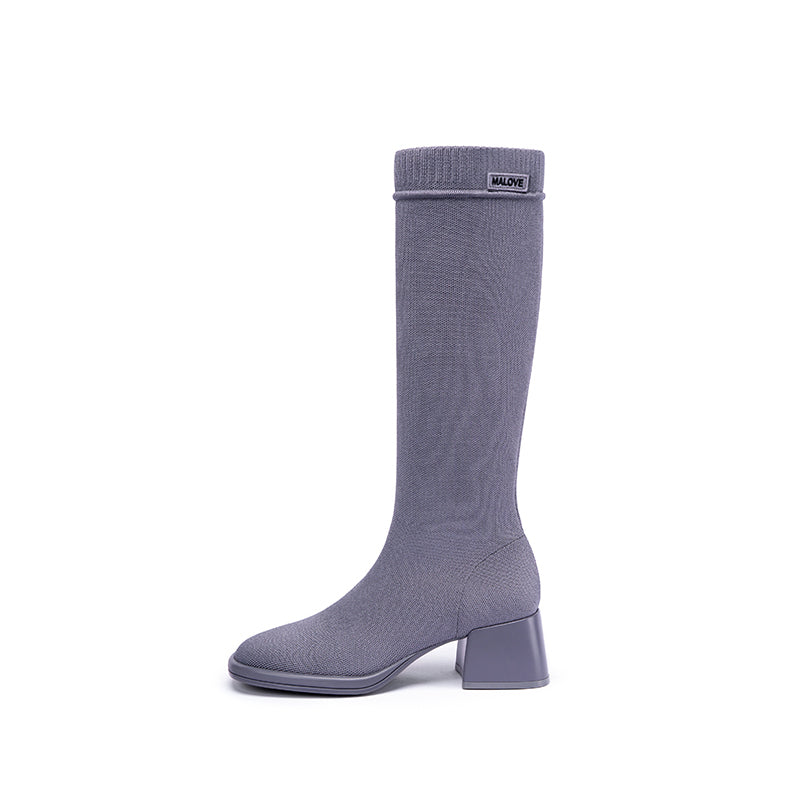 Mademoiselle Round Toe Knee High Sock Boots – Block Heel Stretch Knit-6