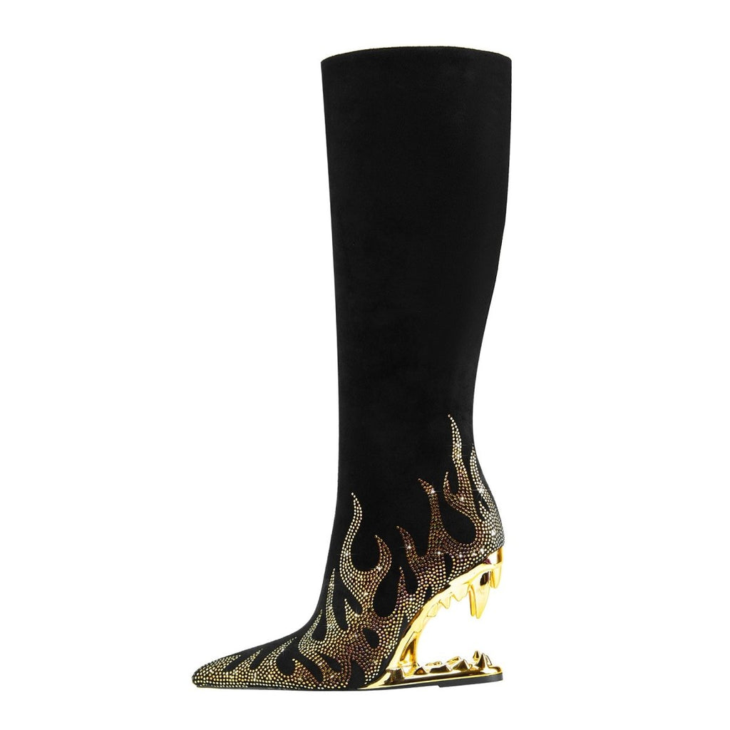 Metallic Flames Bite Heel Black Knee High Boots-0