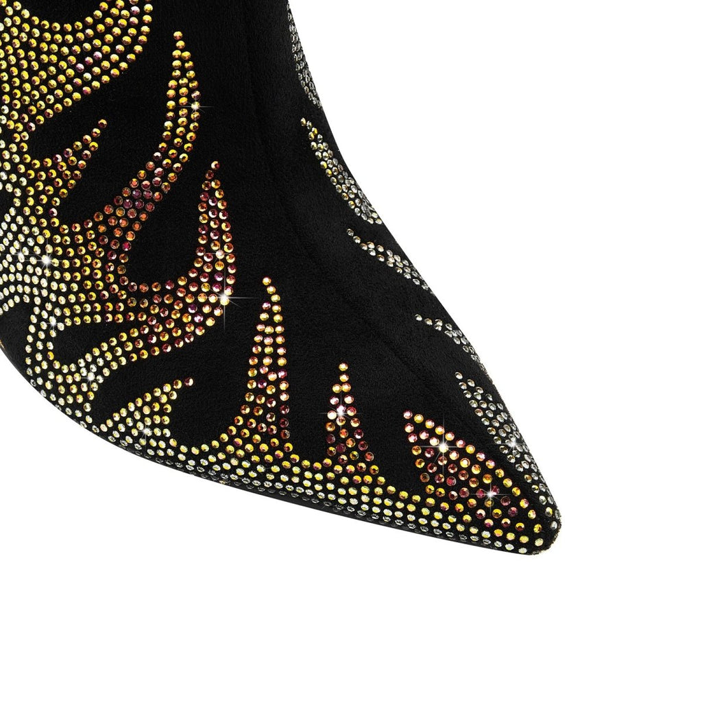 Metallic Flames Bite Heel Black Knee High Boots-4