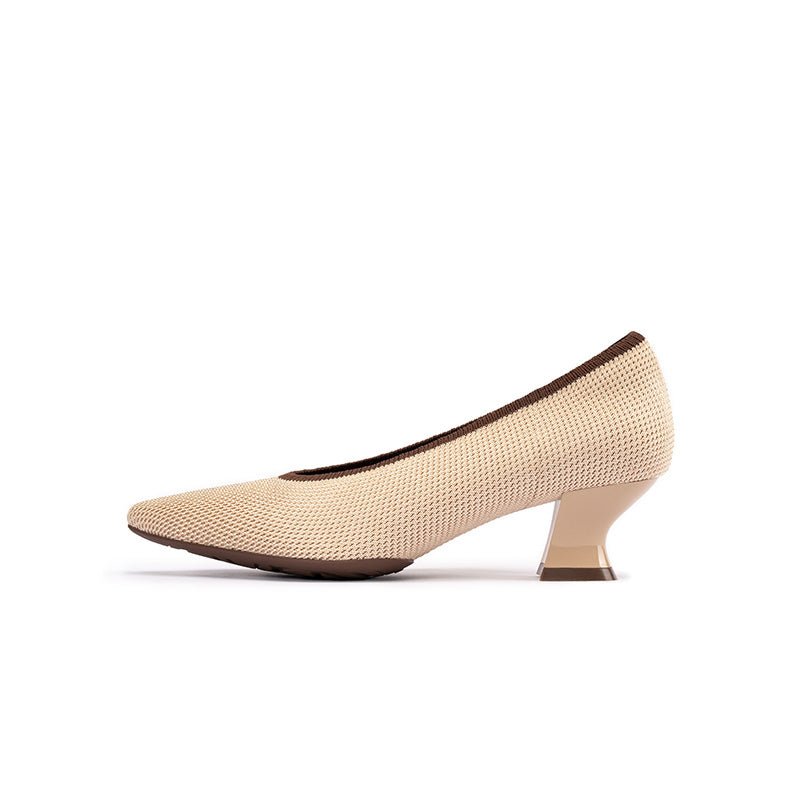 Modish Slip-On Block Heel Pumps – Pointed Toe Knit Commuter Heels-0