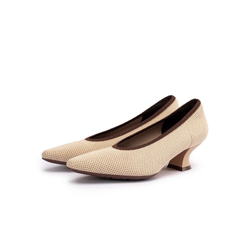 Modish Slip-On Block Heel Pumps – Pointed Toe Knit Commuter Heels-1