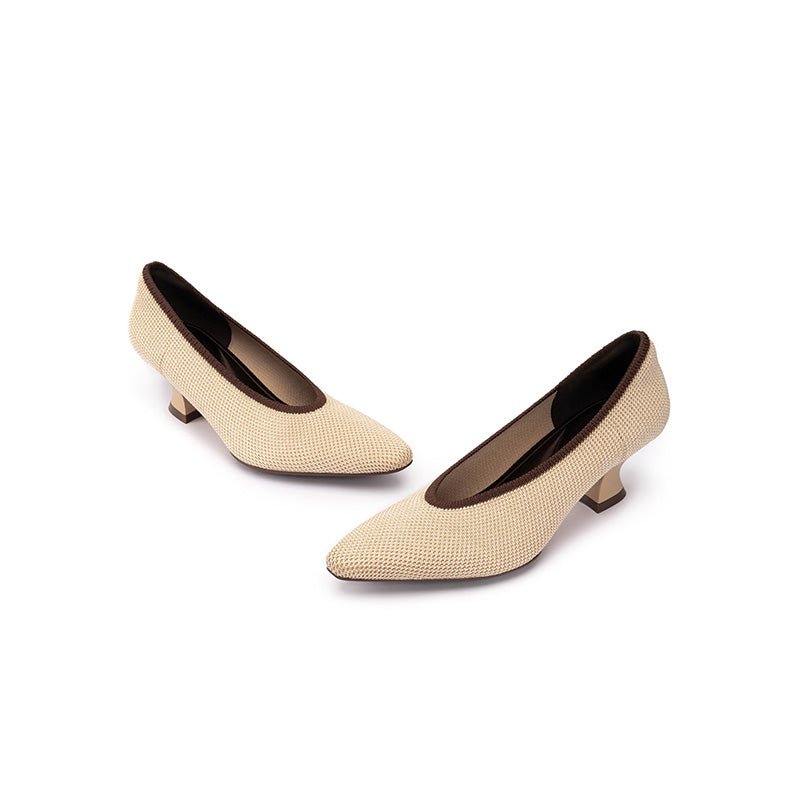 Modish Slip-On Block Heel Pumps – Pointed Toe Knit Commuter Heels-3