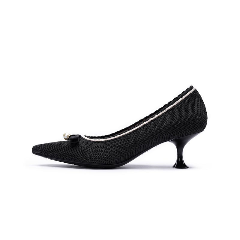 Parisian Pearl Bow Kitten Heels – Pointed Toe Wine Glass Knit Pumps-0