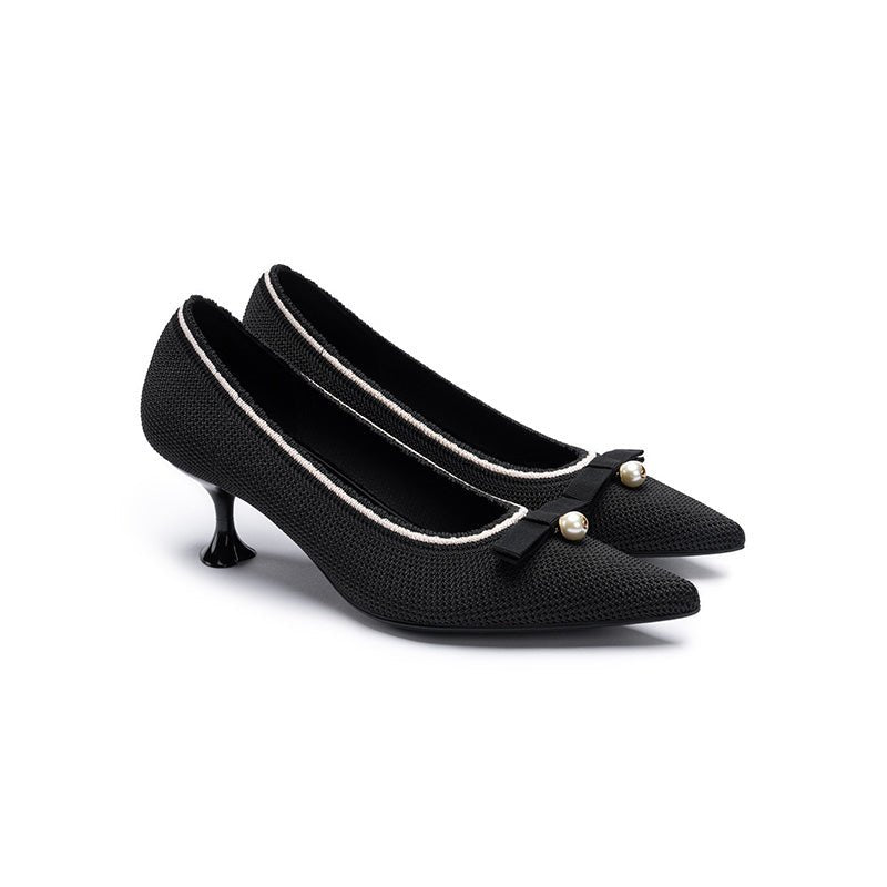Parisian Pearl Bow Kitten Heels – Pointed Toe Wine Glass Knit Pumps-1