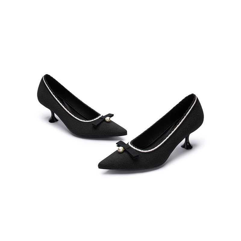 Parisian Pearl Bow Kitten Heels – Pointed Toe Wine Glass Knit Pumps-3