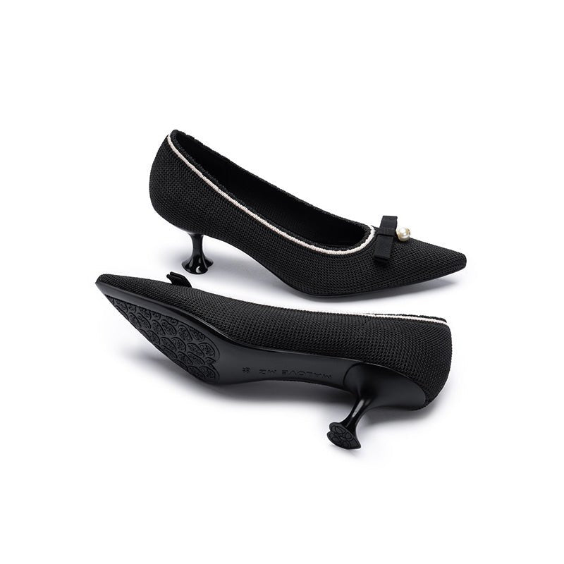 Parisian Pearl Bow Kitten Heels – Pointed Toe Wine Glass Knit Pumps-4
