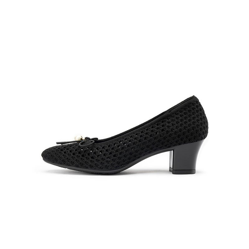 Pearl Bow Mesh Knit Round Toe Pumps – Breathable Block Heel Work Shoes-0