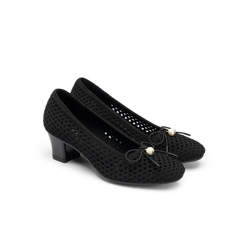 Pearl Bow Mesh Knit Round Toe Pumps – Breathable Block Heel Work Shoes-1