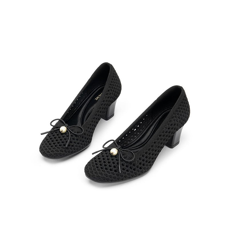 Pearl Bow Mesh Knit Round Toe Pumps – Breathable Block Heel Work Shoes-3