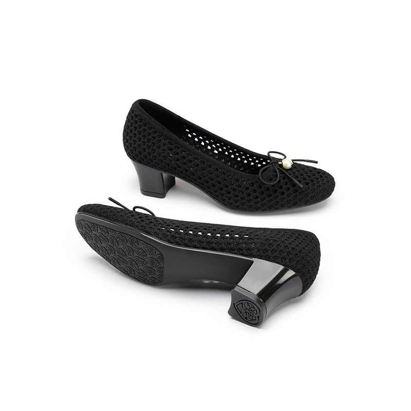 Pearl Bow Mesh Knit Round Toe Pumps – Breathable Block Heel Work Shoes-4