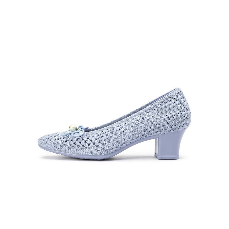 Pearl Bow Mesh Knit Round Toe Pumps – Breathable Block Heel Work Shoes-5