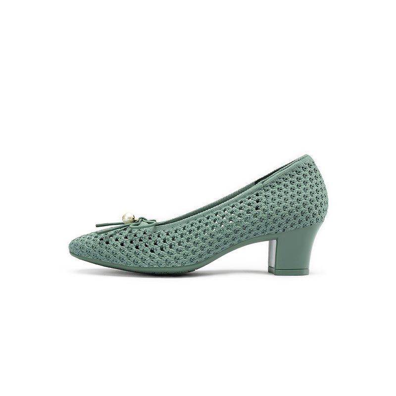 Pearl Bow Mesh Knit Round Toe Pumps – Breathable Block Heel Work Shoes-6