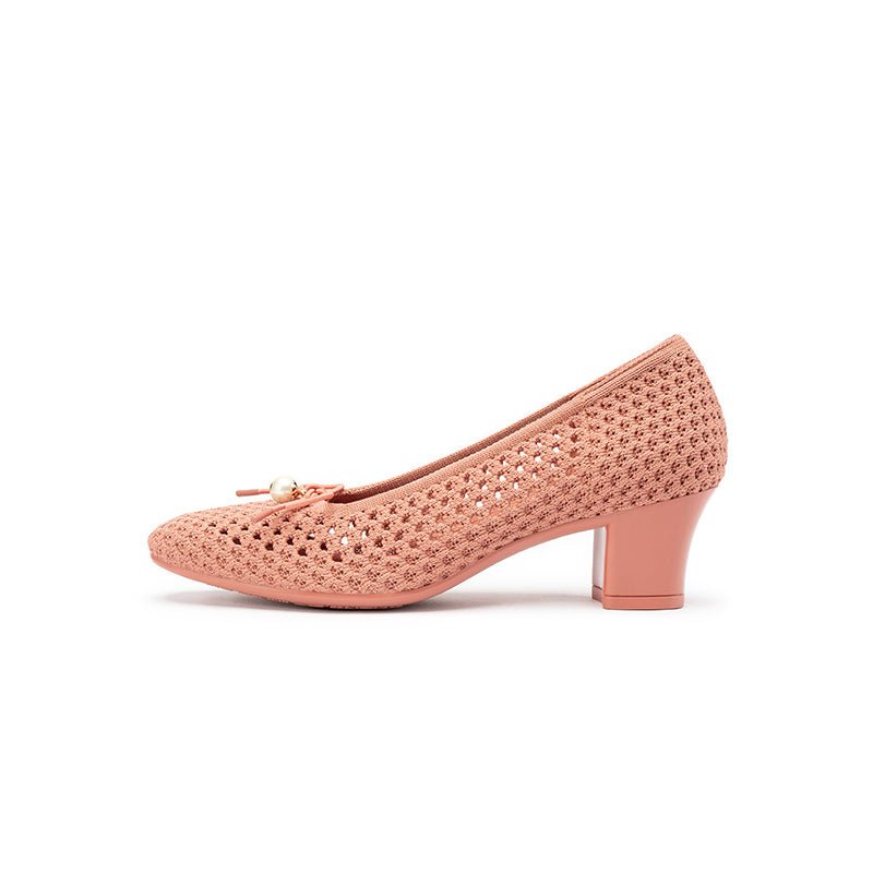 Pearl Bow Mesh Knit Round Toe Pumps – Breathable Block Heel Work Shoes-8