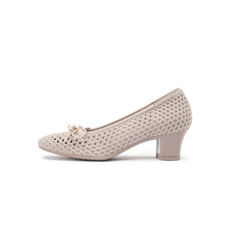 Pearl Bow Mesh Knit Round Toe Pumps – Breathable Block Heel Work Shoes-10