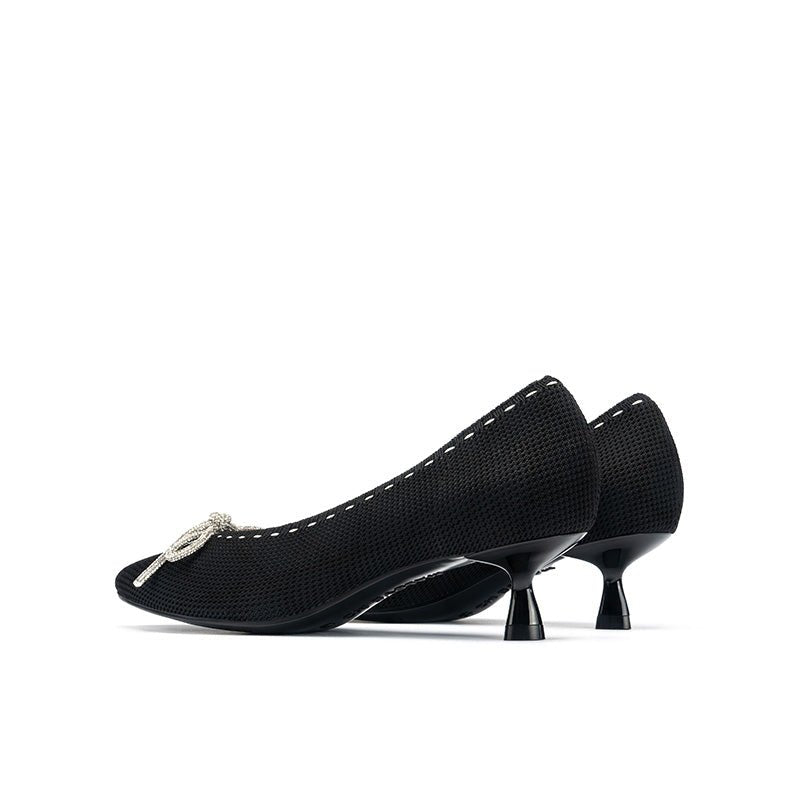 Rhinestone Bow Kitten Heels – Pointed Toe Knit Pumps-3