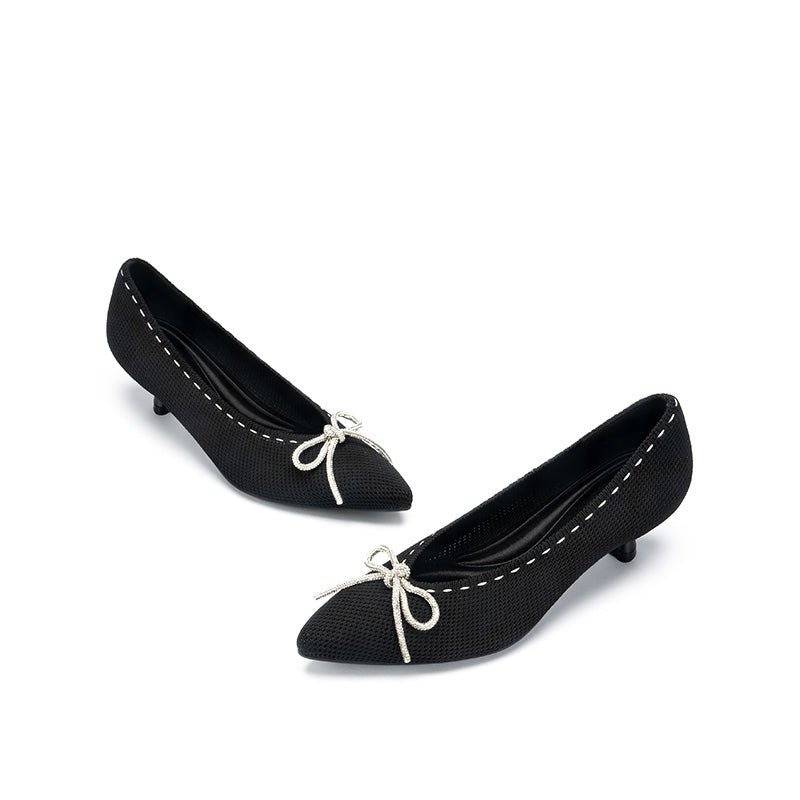 Rhinestone Bow Kitten Heels – Pointed Toe Knit Pumps-4
