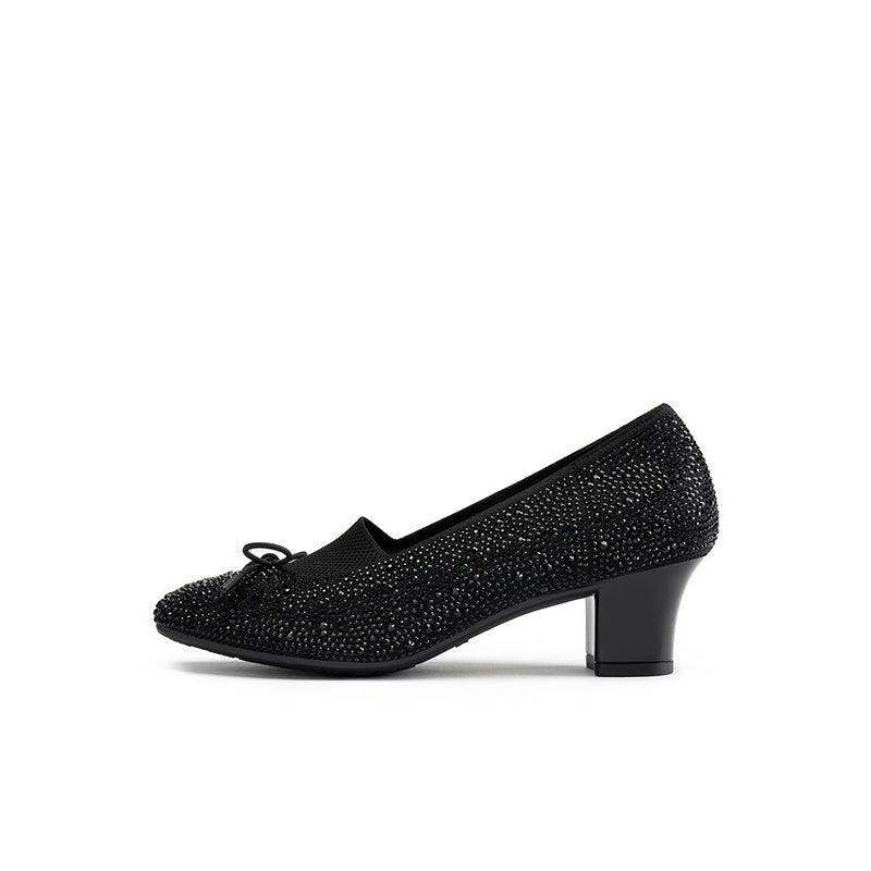 Rhinestone Bow Knit Round Toe Block Heel Pumps – Sparkling Princess Work Shoes-0