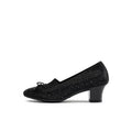Rhinestone Bow Knit Round Toe Block Heel Pumps – Sparkling Princess Work Shoes-0