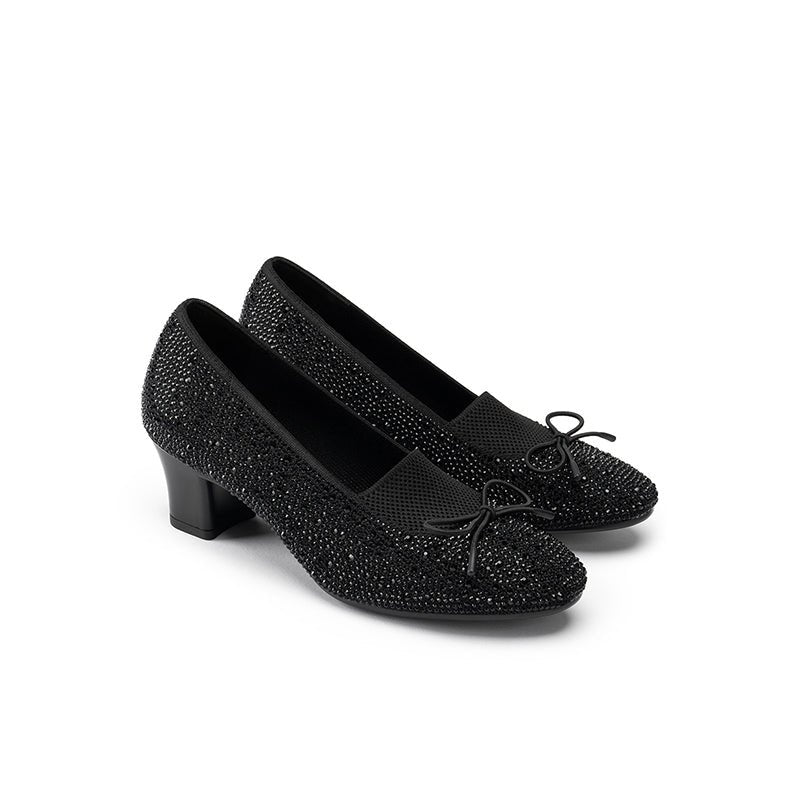 Rhinestone Bow Knit Round Toe Block Heel Pumps – Sparkling Princess Work Shoes-1