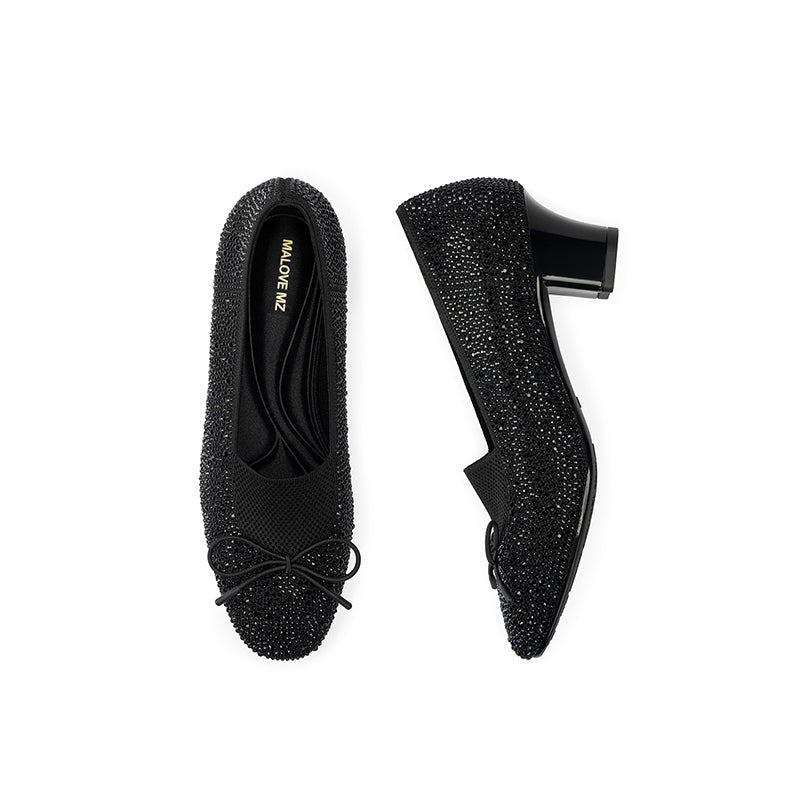 Rhinestone Bow Knit Round Toe Block Heel Pumps – Sparkling Princess Work Shoes-2