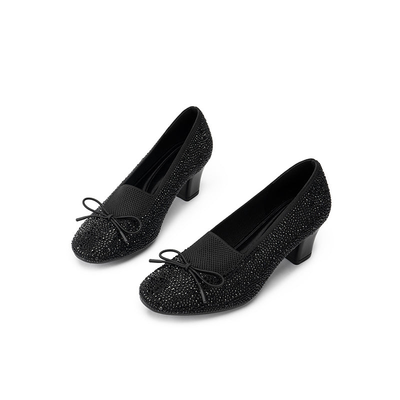 Rhinestone Bow Knit Round Toe Block Heel Pumps – Sparkling Princess Work Shoes-3
