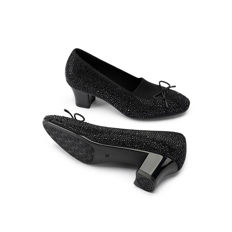 Rhinestone Bow Knit Round Toe Block Heel Pumps – Sparkling Princess Work Shoes-4