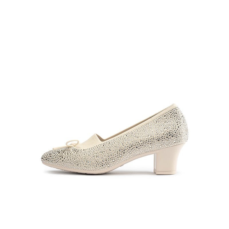 Rhinestone Bow Knit Round Toe Block Heel Pumps – Sparkling Princess Work Shoes-5