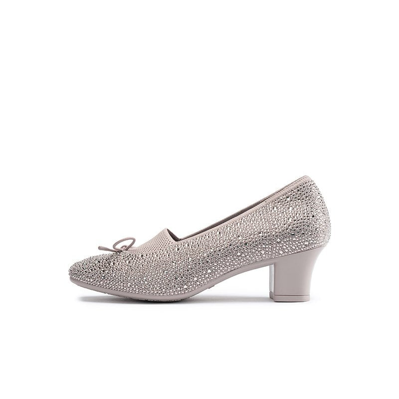Rhinestone Bow Knit Round Toe Block Heel Pumps – Sparkling Princess Work Shoes-6