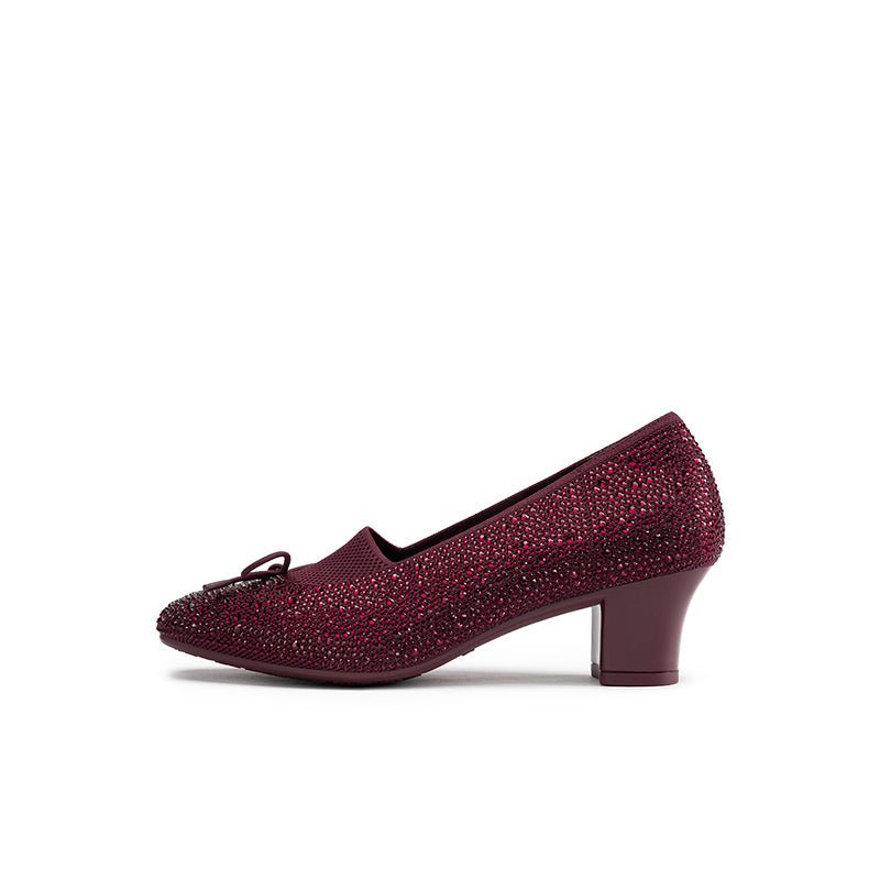 Rhinestone Bow Knit Round Toe Block Heel Pumps – Sparkling Princess Work Shoes-7