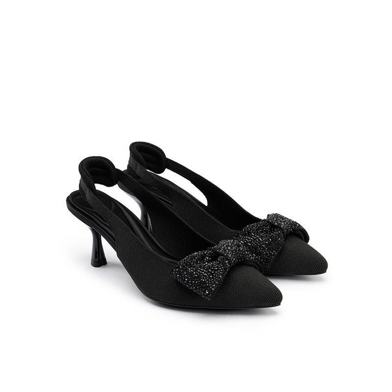 Rhinestone Bow Slingback Kitten Heels – Pointed Toe Knit Heels-1