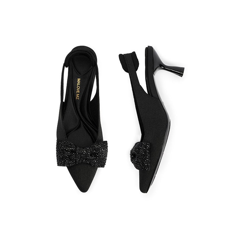 Rhinestone Bow Slingback Kitten Heels – Pointed Toe Knit Heels-2