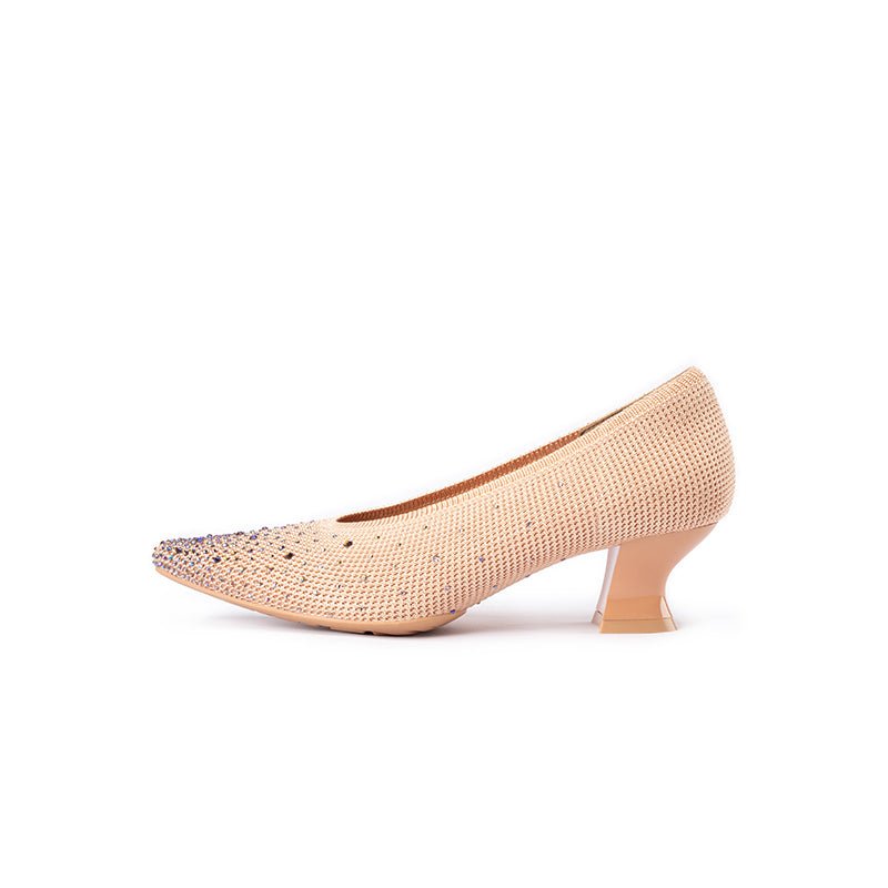 Rhinestone Knit Pointed Toe Pumps – Lightweight 5cm Block Heel Work Shoes-0