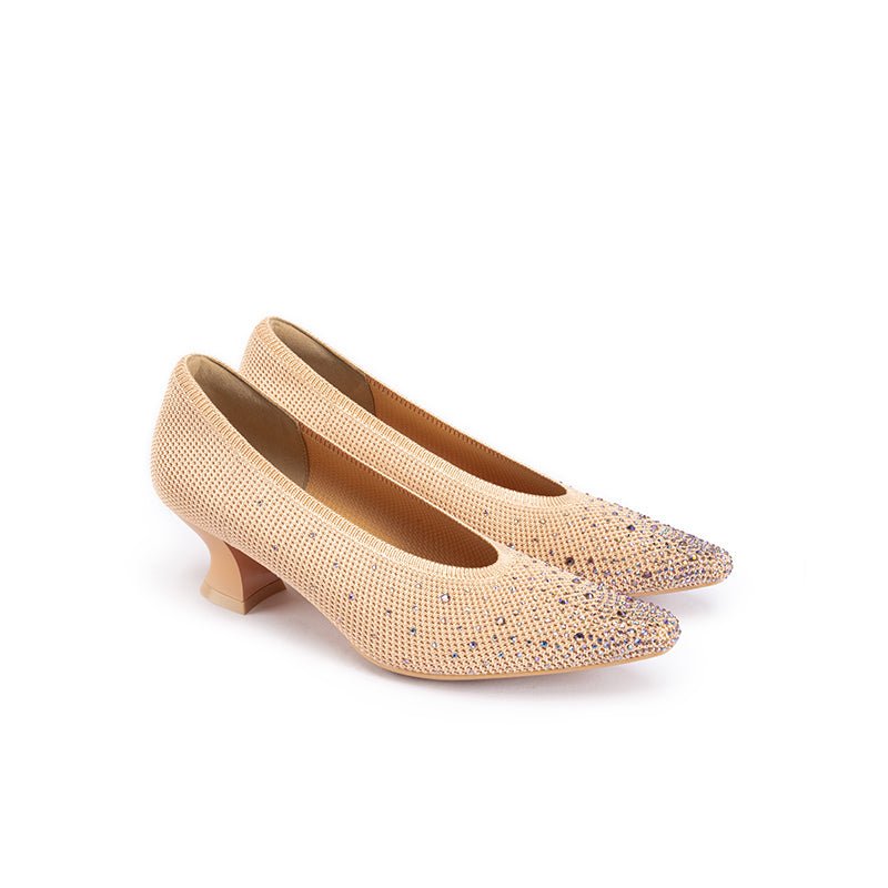 Rhinestone Knit Pointed Toe Pumps – Lightweight 5cm Block Heel Work Shoes-1