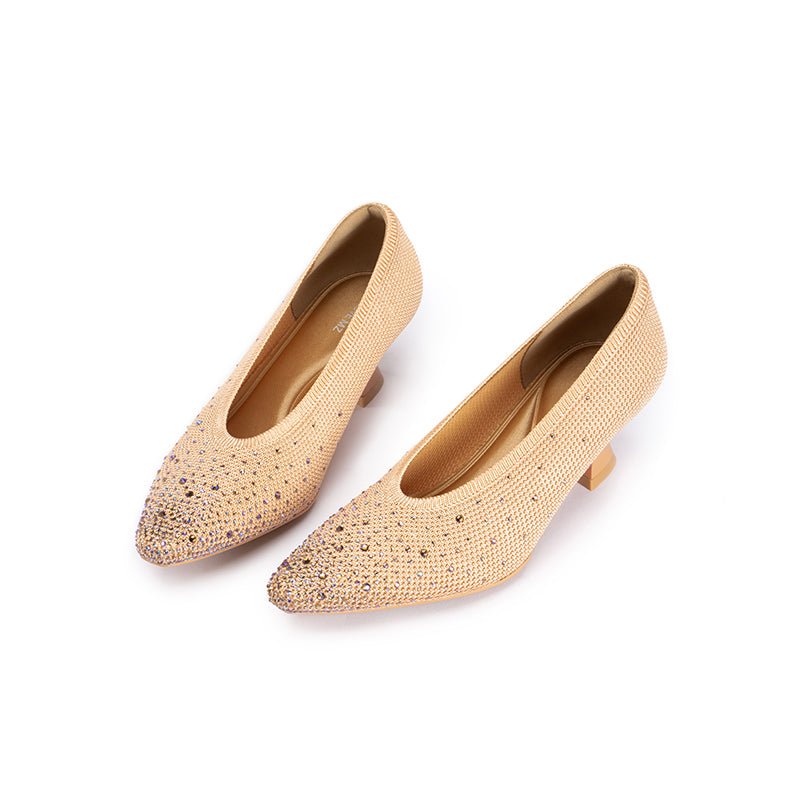 Rhinestone Knit Pointed Toe Pumps – Lightweight 5cm Block Heel Work Shoes-2