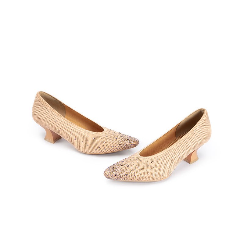 Rhinestone Knit Pointed Toe Pumps – Lightweight 5cm Block Heel Work Shoes-3
