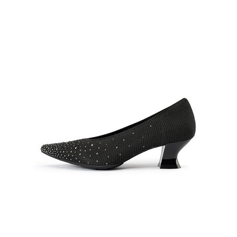 Rhinestone Knit Pointed Toe Pumps – Lightweight 5cm Block Heel Work Shoes-5