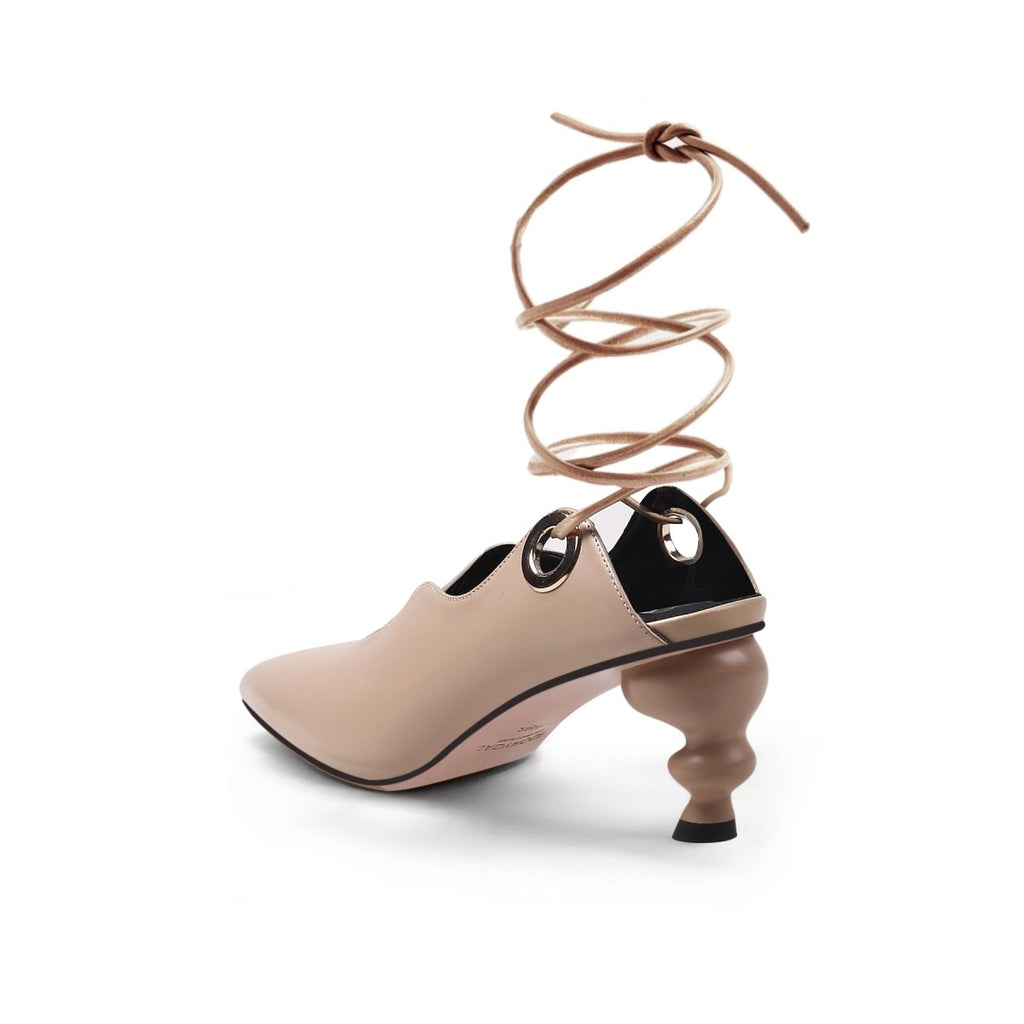 Scallop Trim Leather Tie Up Heels-3