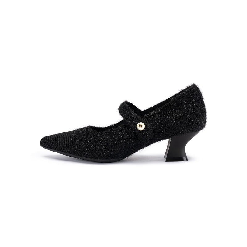 Vintage Pearl Strap Mary Jane Heels – Tweed Knit Block Heel Pumps-0