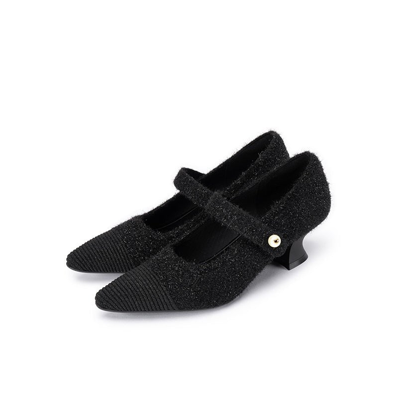 Vintage Pearl Strap Mary Jane Heels – Tweed Knit Block Heel Pumps-1